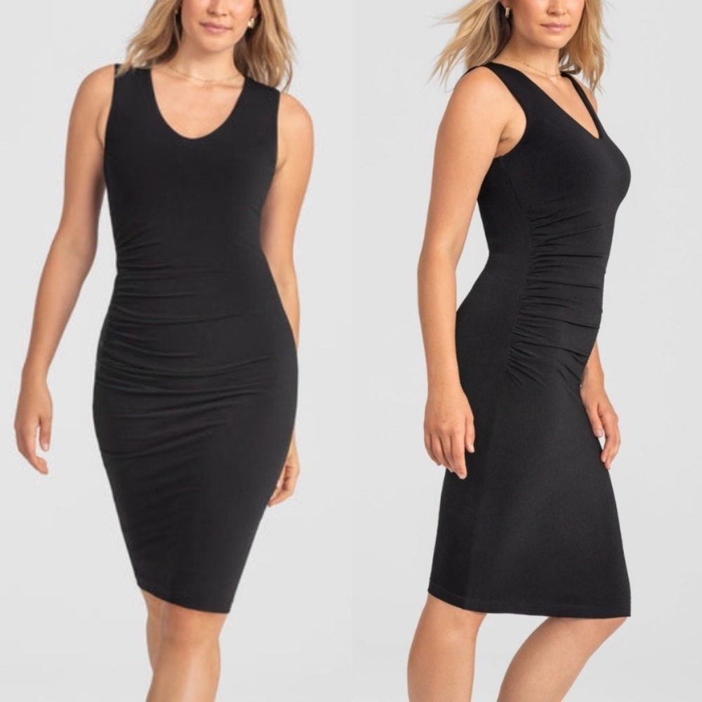 Honeylove Inner Power Sleeveless Midi Dress Jet Black Shaping V-Neck Size L